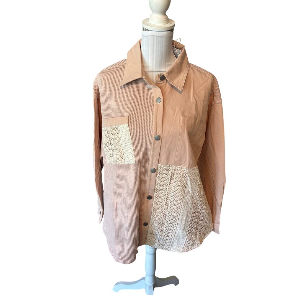 Gilli Hamburg Pink Distressed Lace Patchwork Shacket Size S NWT